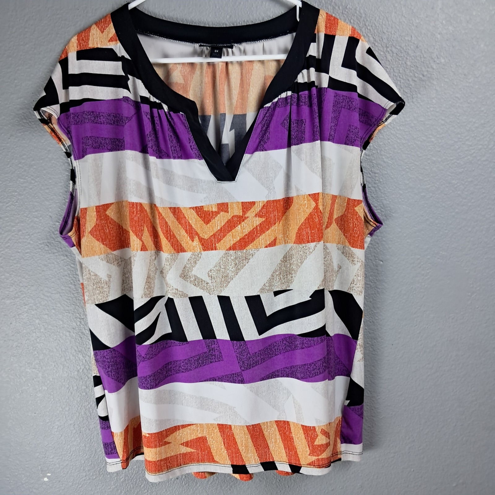 Worthington Women's Plus Size Blouse 3x V-Neck Geometric Print Short Sleeve Top